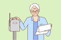 Unhappy old man dissatisfied with letter in mailbox