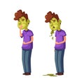 Unhappy person vomiting from food poisoning. Cartoon vector illustration