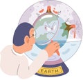 Unhappy planet due to world ocean level rise. Global warming concept with globe in glass sphere