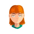 Unhappy redhead girl, female emotional face, avatar with facial expression vector Illustration on a white background