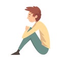 Unhappy Sad Boy Sitting on Floor, Depressed Teenager Having Problems, Side View Vector Illustration
