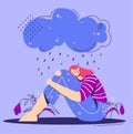 Unhappy, sad depressed young woman hugs legs under rainy cloud. Teenage girl are sitting under rain. Depression concept.
