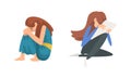 Unhappy Sad Teen Girl Sitting on Floor Feeling Depressed and Lonely Vector Set