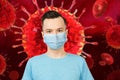 Unhappy, sad young man wearing a protective face mask prevent virus infection or pollution Royalty Free Stock Photo