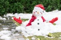 Unhappy snowman in mittens, red scarf and cap is melting  outdoors in sunlight on snowy green grass with small yellow flowers near Royalty Free Stock Photo