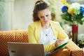 Unhappy student woman at modern home in sunny day study online Royalty Free Stock Photo