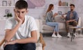 Unhappy teenage boy sitting in armchair while his parents arguing on background. Problems at home Royalty Free Stock Photo