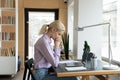 Unhappy thoughtful businesswoman solving problem, sitting at work desk Royalty Free Stock Photo