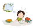 Unhappy and tired girl preparing for school exam, writing homework, feeling sad and dreaming about playing outside - original hand Royalty Free Stock Photo