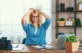 Unhappy tired business woman in stress at home office working on computer