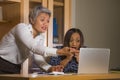 Upset business woman nagging and scolding on employee girl angry for computer mistake in office boss or chief authority and Royalty Free Stock Photo