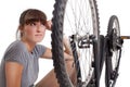 Unhappy woman with defect bike