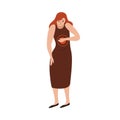 Unhappy woman feeling pain in chest vector flat illustration. Unwell female with painful face expression having disease