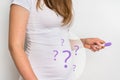Woman with imagination of a pregnant belly - infertility concept Royalty Free Stock Photo