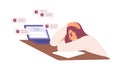 Unhappy woman with resume rejected by employer vector flat illustration. Hopeless female sit on desk with laptop during