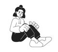 Unhappy woman sitting monochromatic flat vector character