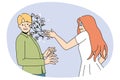 Unhappy woman throw flowers to man face