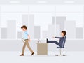 Unhappy worker waking away from angry boss cartoon character. Vector illustration of emotional working day.