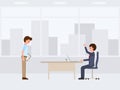 Unhappy worker with wrong report and angry boss cartoon character. Vector illustration of emotional working day.