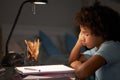 Unhappy Young Boy Studying At Desk In Bedroom In Evening Royalty Free Stock Photo