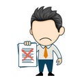 Unhappy young businessman showing clipboard with cross mark