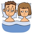 Unhappy young couple in bed, problems, family crisis. Cartoon design icon. Flat vector illustration. Isolated on white