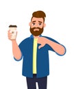 Unhappy young trendy man holding a coffee cup and showing, gesturing thumbs down sign. Male character design illustration. Royalty Free Stock Photo