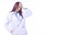 Unhappy young woman doctor wear coat uniform with stethoscope holding hand cover on own head stress worried something while Royalty Free Stock Photo