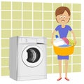 Unhappy young woman standing next to washing machine with basin filled with dirty clothes