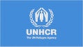 UNHCR - The United Nations High Commissioner for Refugee embroidery flag. Emblem stitched fabric. Embroidered coat of arms.