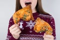 Unhealthy breakfast dinner supper lunch concept. Cropped close up photo of happy positive cheerful girl loves likes enjoy eating