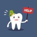 Unhealthy dental caries tooth character with text help. Microbes destroy the tooth. Flat vector illustration isolated on Royalty Free Stock Photo