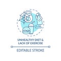 Unhealthy diet and lack of exercise blue concept icon