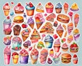 Unhealthy eating and fast food nutrition, assorted collection of sweets and snacks stickers in watercolor style