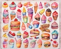 Unhealthy eating and fast food nutrition, assorted collection of sweets and snacks stickers in watercolor style