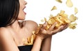 Unhealthy fast food concept. Woman eat riffle potato chips surprised happy smiling isolated on a white Royalty Free Stock Photo