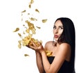 Unhealthy fast food concept. Woman eat riffle potato chips surprised happy smiling isolated on a white Royalty Free Stock Photo