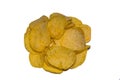 Oval potato chips sprinkled seasoning lined with a circle on a white background