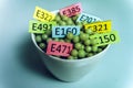 Unhealthy food: chemical additives in the form of granules with colored labels Royalty Free Stock Photo