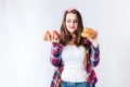 Unhealthy food fat woman concept, girl XXL between healthy and b Royalty Free Stock Photo