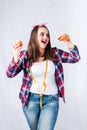 Unhealthy food fat woman concept, girl XXL between healthy and b Royalty Free Stock Photo