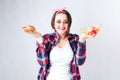 Unhealthy food fat woman concept, girl XXL between healthy and b Royalty Free Stock Photo