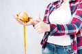 Unhealthy food fat woman concept, Hungry girl XXL say no to bad Royalty Free Stock Photo