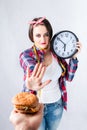 Unhealthy food fat woman concept, Hungry girl XXL say no to bad Royalty Free Stock Photo