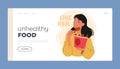 Unhealthy Food Landing Page Template. Woman Indulging In Chicken Nuggets, Female Character with Carton Bucket