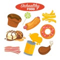 Unhealthy food poster or fast food and fat eating meat and sweets
