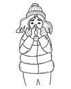 Unhealthy girl in winter clothes is frozen and wipes her nose with handkerchief. Season of sickness and cold. Vector Royalty Free Stock Photo