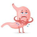 Unhealthy human stomach character is crying and suffering from pain. Food, stomach pain. Anatomy of the digestive system