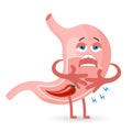 Unhealthy human stomach character is crying and suffering from pain. Food, stomach pain. Anatomy of the digestive system