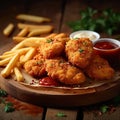 Unhealthy indulgence fried chicken, fries, and nuggets on wooden table Royalty Free Stock Photo